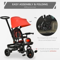 Qaba Tricycle for Toddler 4 in 1 Kids Trike, Foldable Converts Stroller to Toddler Bike, Adjustable Backrest & Curved Canopy, Detachable Guardrail & Handle for 1-5 Years Old, Red(m-9)
