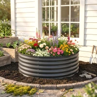 Outsunny Galvanized Raised Flower Bed, 4 x 4 x 1.5 ft Outdoor Metal Raised Bed with Safety Edging and Gloves, Dark Grey(m-10)