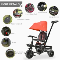 Qaba Tricycle for Toddler 4 in 1 Kids Trike, Foldable Converts Stroller to Toddler Bike, Adjustable Backrest & Curved Canopy, Detachable Guardrail & Handle for 1-5 Years Old, Red(m-10)