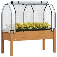 Outsunny Raised Garden Bed with PE Greenhouse Cover Outdoor Elevated Wood Planter Box for Herbs and Vegetables Sand(m-11)