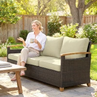 Outsunny 3 Seater Outdoor Couch Sofa, PE Wicker Patio Sofa, Wide Deep Seat, 4" Cushions, Wood-Effect Armrests Legs, Beige(m-10)