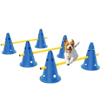 PawHut Dog Agility Hurdle Cone Set, Adjustable Obstacle Course Equipment with 6 Cones & 6 Poles, Carry Bag, Blue(m-11)