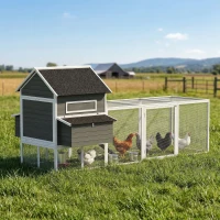 PawHut 137" Wooden Chicken Coop with Chicken Run, Nesting Box, Dark Grey(m-8)