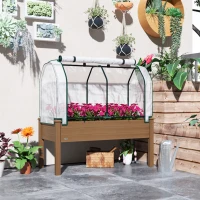 Outsunny Raised Garden Bed with PE Greenhouse Cover Outdoor Elevated Wood Planter Box for Herbs and Vegetables Brown(m-8)