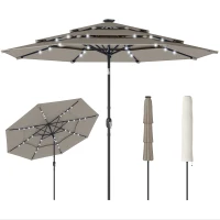 Outsunny 9.3 ft Patio Umbrella with Solar LED Lights, Cover, 3 Tier Outdoor Market Table Parasol with Tilt, Crank, Grey(m-11)