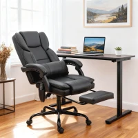 HOMCOM Office Chair with Massage, Pet-Friendly Faux Leather Reclining Desk Chair with Lumbar Support, Footrest, Black(m-2)