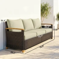 Outsunny 3 Seater Outdoor Couch Sofa, PE Wicker Patio Sofa, Wide Deep Seat, 4" Cushions, Wood-Effect Armrests Legs, Beige(m-3)