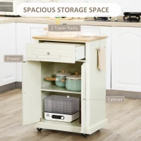HOMCOM Rolling Kitchen Island Cart, Portable Serving Trolley Table with Drawer, Adjustable Shelf and 2 Towel Racks, Cream White(m-4)