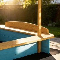 Qaba Wooden Sandbox with Dinosaur Print Canopy Kids Sandbox Outdoor with Bench Seats & 2 Storage Bins(m-9)