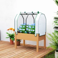 Outsunny Raised Garden Bed with PE Greenhouse Cover Outdoor Planter Box for Herbs and Vegetables, 35 x 22 x 47 inch, Sand(m-10)