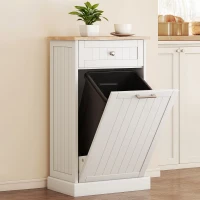 HOMCOM 10 Gallon Tilt Out Trash Cabinet, Wooden Hidden Trash Can with Storage Drawer for Kitchen, Laundry Hamper Cabinet for Bathroom, White(m-1)