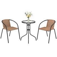 Outsunny 3 Pieces Outdoor Wicker Furniture Set with 2 Stackable Chairs, Tempered Glass Coffee Table for Garden, Backyard, Brown(m-11)