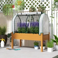 Outsunny Raised Garden Bed with PE Greenhouse Cover Outdoor Elevated Wood Planter Box for Herbs and Vegetables Sand(m-1)