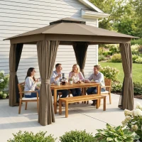 Outsunny 10' x 10' Outdoor Patio Gazebo, Soft Top Gazebo Canopy Shelter with Curtains, Netting, Steel Frame, Hook, Khaki(m-10)