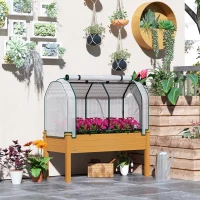 Outsunny Raised Garden Bed with PE Greenhouse Cover Outdoor Elevated Wood Planter Box for Herbs and Vegetables Sand(m-8)