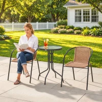 Outsunny 3 Pieces Outdoor Wicker Furniture Set with 2 Stackable Chairs, Tempered Glass Coffee Table for Garden, Backyard, Brown(m-10)