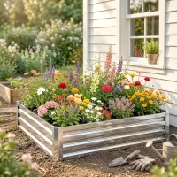 Outsunny 4' x 4' x 1' Galvanized Raised Garden Bed, Outdoor Metal Planter Box with Open Bottom, Square Raised Garden Box for Vegetables, Flowers, Herbs, Silver(m-10)