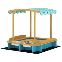 Qaba Wooden Sandbox with Dinosaur Print Canopy Kids Sandbox Outdoor with Bench Seats & 2 Storage Bins