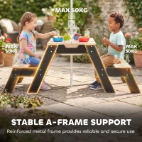 Qaba Kids Picnic Table with Umbrella, 3 in 1 Wooden Sand & Water Table with 2 Hidden Play Boxes for Patio, Ages 3-6(m-9)