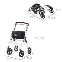 HOMCOM Upright Walker Rollator, Rolling Walker with Storage Bag, Tray, Dual Brakes, Adjustable Height, for Seniors, White(m-3)