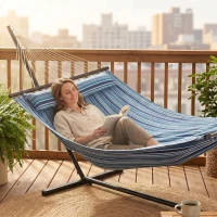 Outsunny Hammock with Stand Heavy Duty Camping Hammock with Steel Frame for Patio Backyard Blue and White(m-8)