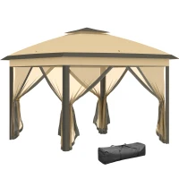 Outsunny 11' x 11' Pop Up Canopy, Double Roof Foldable Canopy Tent with Zipper Mesh Sidewalls, Height Adjustable and Carrying Bag, Event Tent for Patio Garden Backyard, Beige(m-2)
