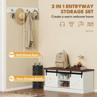 HOMCOM Coat Rack Shoe Bench Set 2-Piece Hall Tree Storage 4 Hooks Sliding Barn Doors White and Dk Walnut(m-4)