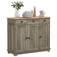 HOMCOM Kitchen Storage Cabinet, Sideboard Floor Cupboard with Solid Wood Top, Adjustable Shelf, and 3 Drawers, Distressed Gray(m-11)