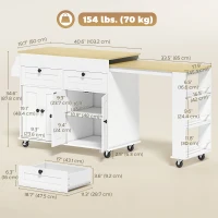 HOMCOM Kitchen Island with Sliding Expandable Top, Rolling Kitchen Cart with Drawers, Cabinets & Spice Rack, White(m-3)