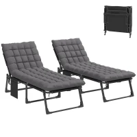 Outsunny Folding Chaise Lounge Chair Outdoor Tanning Chair Set of 2 with 5-Position Backrest, Cushions, Side Pocket, Dark Gray(m-1)