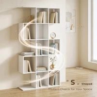 HOMCOM 5-Tier Bookshelf, S Shaped Geometric Bookcase with 15 Compartments, White Wood Grain(m-4)