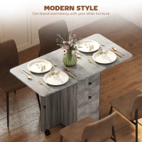 HOMCOM Drop Leaf Dining Table, Mobile Folding Table on Wheels with Drawers and Cabinet for Dining Room, Kitchen, Grey(m-4)