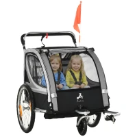 Aosom 2 Seat Bike Trailer for Kids 2-in-1 Baby Stroller with Handbrake, Rubber Wheels, 5 Point Harness, Reflectors, Grey(m-11)