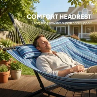 Outsunny Hammock with Stand Heavy Duty Camping Hammock with Steel Frame for Patio Backyard Blue and White(m-5)