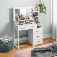 HOMCOM Illuminated Dresssing Table, LED Vanity Table with Mirror, Drawer and Storage Shelves for Bedroom, White(m-1)