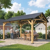 Outsunny 13' x 11' Hardtop Gazebo Canopy with Galvanised Metal Roof, Fir Wood Frame and Central Hook for Patio, Black Gray(m-9)