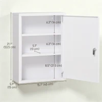 kleankin Lockable Medicine Cabinet, 3 Tier Steel Medical Wall Box with 2 Keys and Shelves for Bathroom, White(m-3)