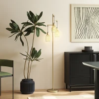 HOMCOM Industrial Floor Lamp with 3 Hanging Wire Lampshades, Dimmable Standing Lamp for Living Room, Gold(m-9)