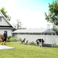 PawHut Dog Kennel Outdoor Dog Run Waterproof UV-Resist Cover Lockable Door Adjustable Bowls 20 x 7.5 x 6.5ft(m-10)