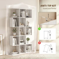 HOMCOM 5-Tier Bookshelf, S Shaped Geometric Bookcase with 15 Compartments, White Wood Grain(m-7)