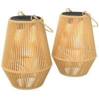 Outsunny 2 Pack Wicker Solar Lanterns Outdoor Waterproof Hanging Lights with Auto On/Off and Handles, Brown(m-11)