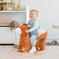 Qaba Kids Plush Rocking Horse Stuffed Animal Rocker Child Ride On Toy with Realistic Sound Red Brown(m-1)