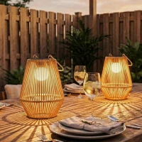 Outsunny 2 Pack Wicker Solar Lanterns Outdoor Waterproof Hanging Lights with Auto On/Off and Handles, Brown(m-1)