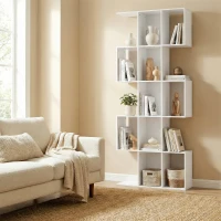 HOMCOM 5-Tier Bookshelf, S Shaped Geometric Bookcase with 15 Compartments, White Wood Grain(m-10)