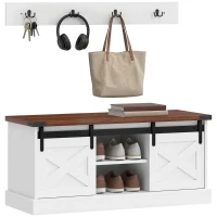 HOMCOM Coat Rack Shoe Bench Set 2-Piece Hall Tree Storage 4 Hooks Sliding Barn Doors White and Dk Walnut(m-11)