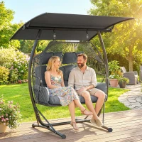 Outsunny Hanging Double Egg Chair Outdoor Egg Swing Chair with Canopy, Cushion, Stand, Dark Grey(m-10)