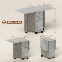 HOMCOM Drop Leaf Dining Table, Mobile Folding Table on Wheels with Drawers and Cabinet for Dining Room, Kitchen, Grey(m-3)