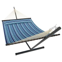 Outsunny Hammock with Stand Heavy Duty Camping Hammock with Steel Frame for Patio Backyard Blue and White(m-2)