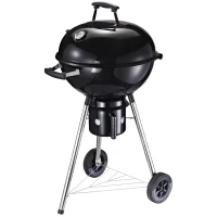 Outsunny Kettle Charcoal BBQ Grill, Portable Barbecue Smoker with Lid and Thermometer, Outdoor Camp Picnic Cooker with Wheels and Storage Shelf(m-11)