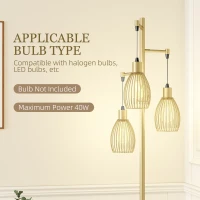 HOMCOM Industrial Floor Lamp with 3 Hanging Wire Lampshades, Dimmable Standing Lamp for Living Room, Gold(m-7)